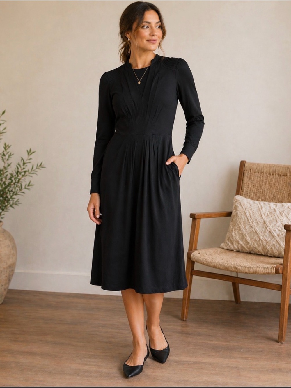 Peruvian Connection Black Midi Dress Pima Cotton Micromodal Long Sleeve Size M